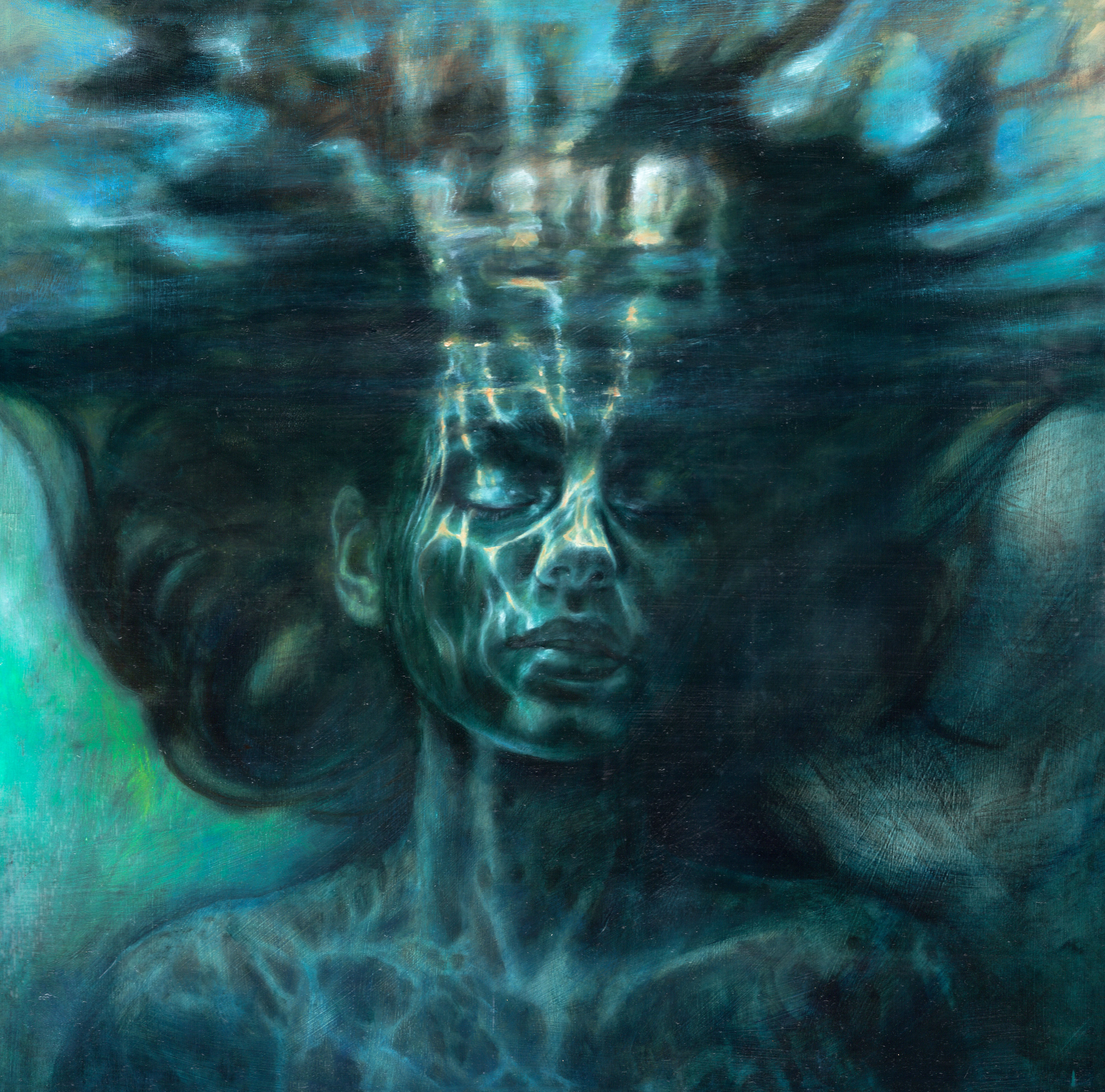 Underwater oil portrait — a woman's face suspended beneath the surface, from the Dissolution series