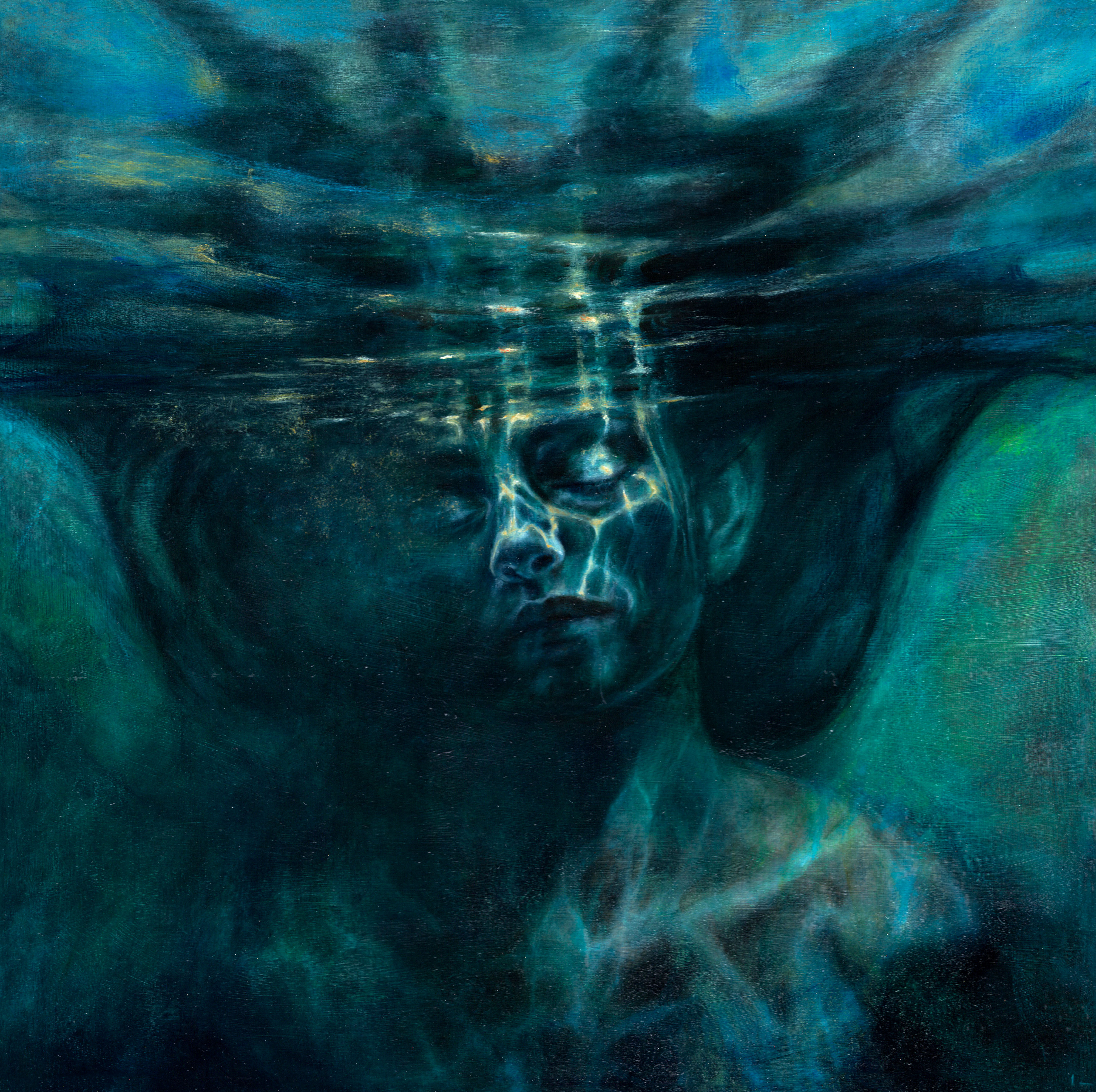 Underwater oil portrait dissolving into deep water, from the Dissolution series